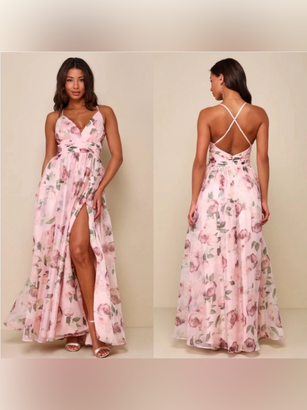 Lulu's Romance Blush Floral Print Organza Maxi Dress Wedding Party Sz XL